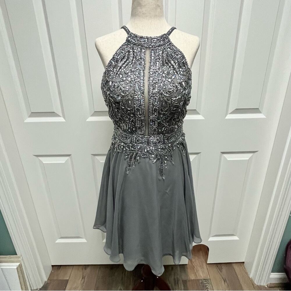 Jovani Beaded Dress Silver Prom Homecoming Formal Backless High Neck Juniors 10
